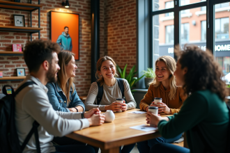 Groupe de jeunes voyageurs discutant dans un lounge moderne