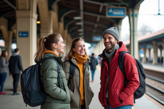 Jeunes voyageurs souriants près d'une gare européenne