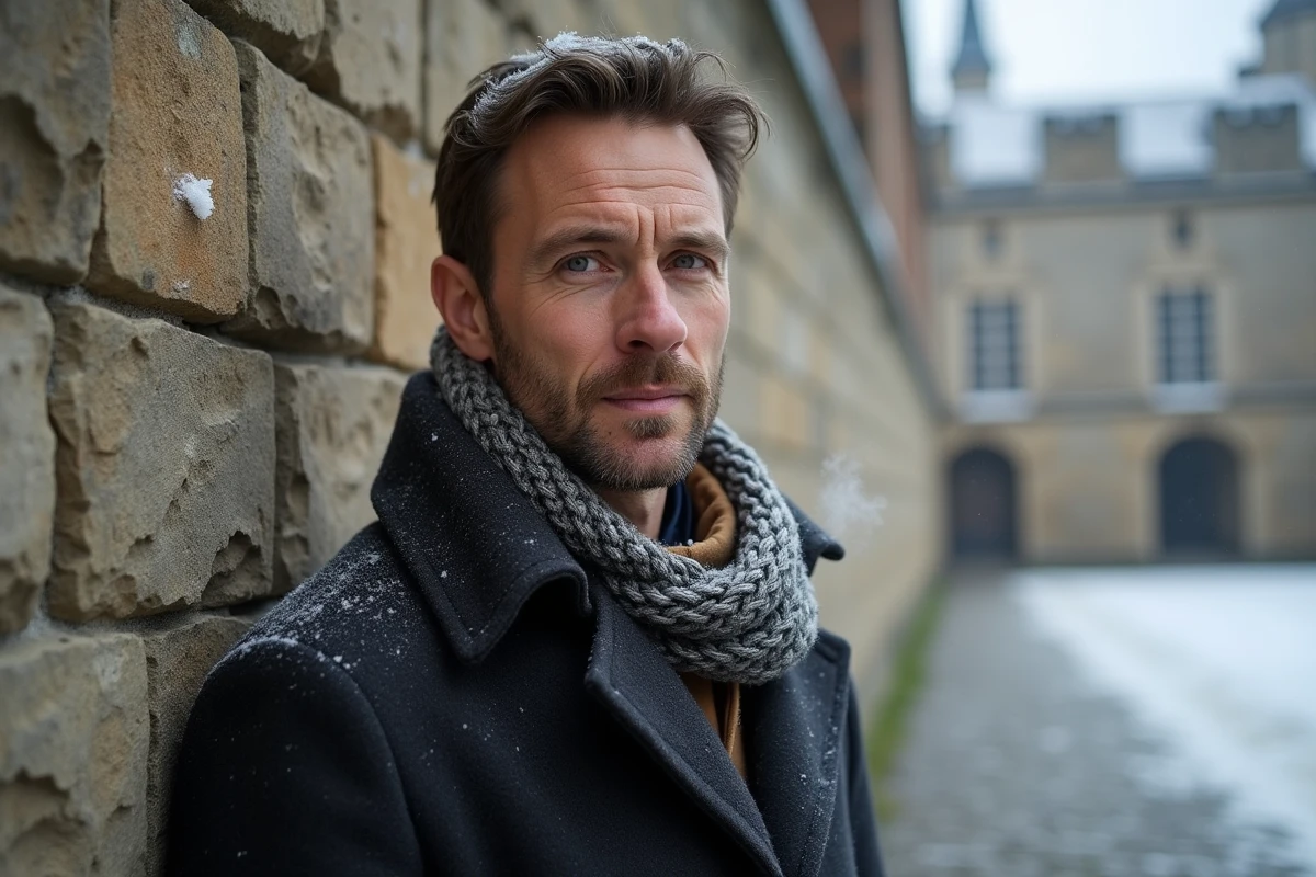 Guide historique en manteau de laine devant les remparts d'un château fort français en hiver