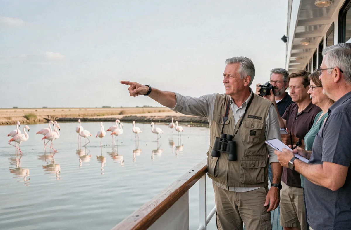 Guide naturaliste présentant les flamants roses de Camargue aux passagers d'une croisière fluviale à bord du bateau