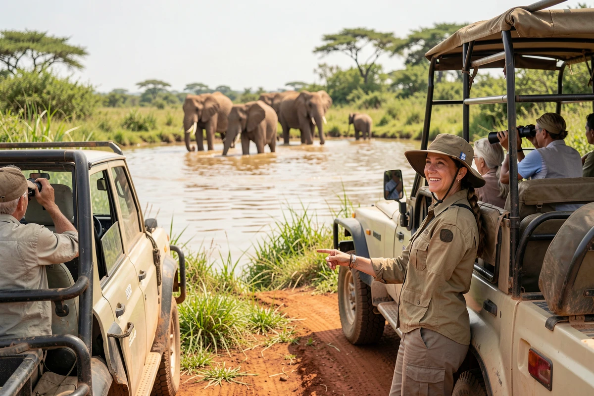 Guide safari féminine pointant des éléphants près d'un point d'eau dans le parc national du Serengeti en Tanzanie