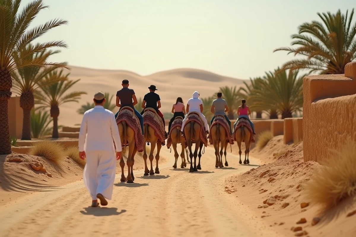Guide tunisien en tenue traditionnelle avec touristes à dos de dromadaire