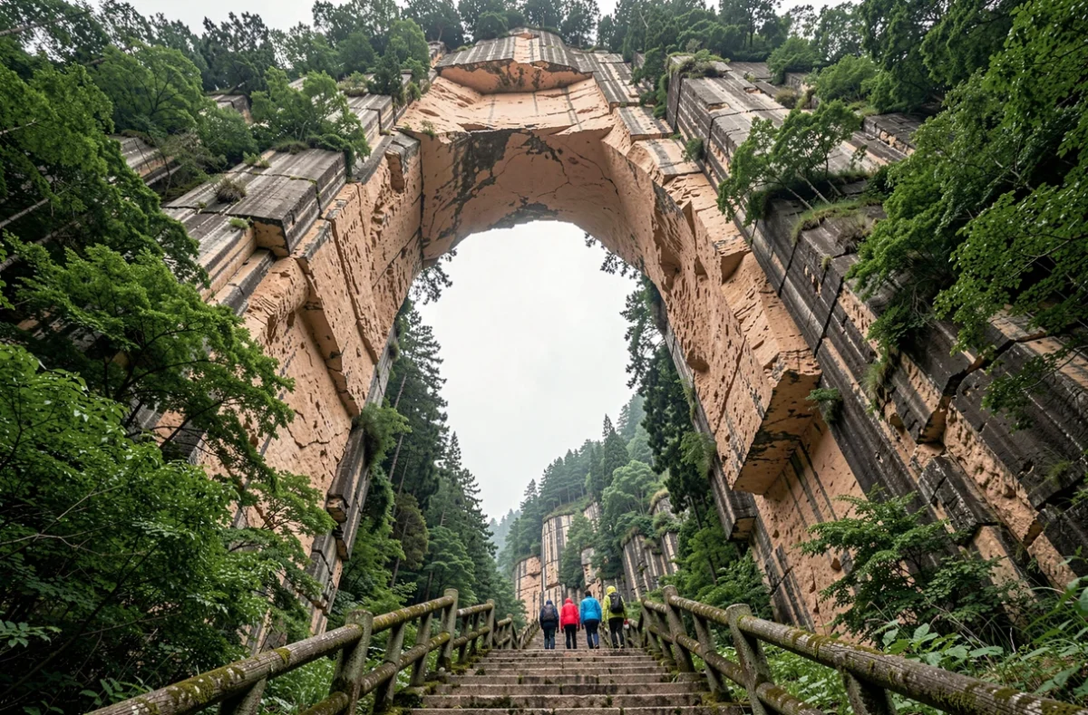 La porte du ciel Heaven's Gate sur Tianmen Mountain avec randonneurs gravissant les escaliers taillés dans la roche à Zhangjiajie