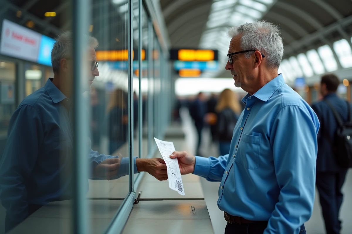Homme achetant un billet dans une gare animée