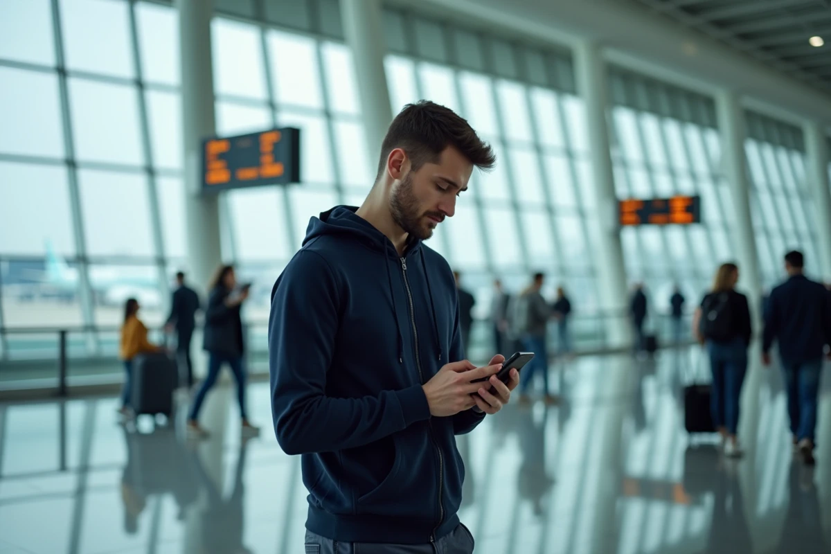 Homme consultant son application eSIM dans un terminal d'aéroport international avant un vol