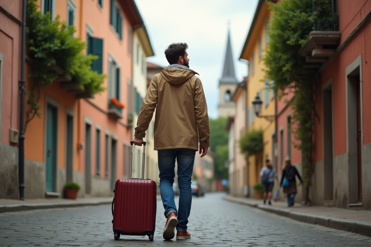 Homme seul marchant avec valise dans vieille ville européenne