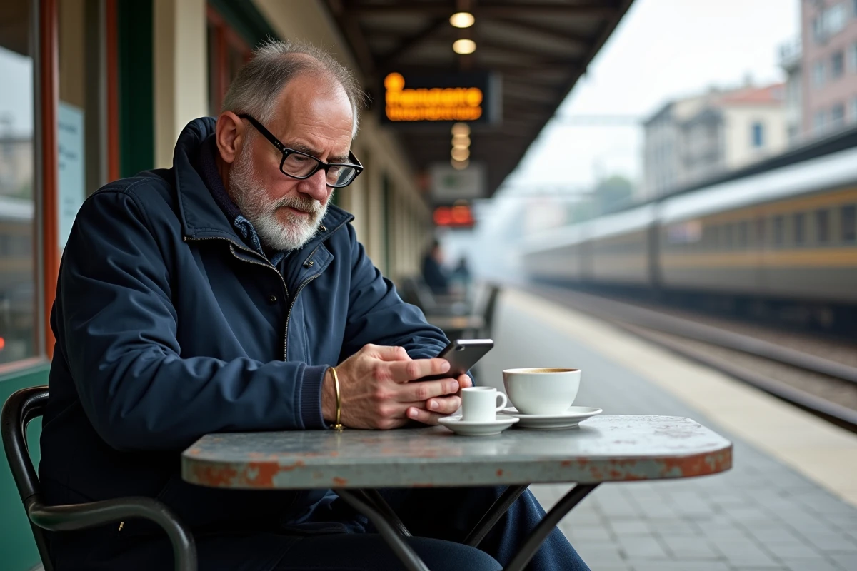 Homme relaxe dans un cafe de gare en voyage