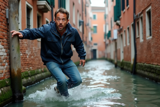 Homme surpris tombant dans un canal de Venise