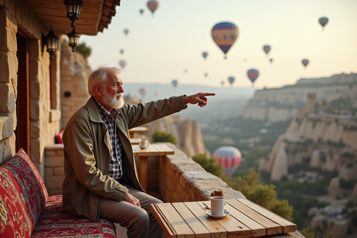 Homme pointant vers les ballons dans la vallée de Cappadoce