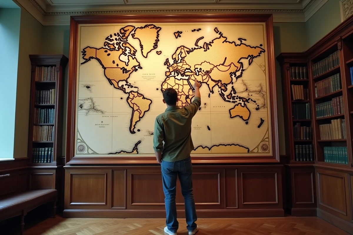 Homme pointant une région sur une grande carte murale ancienne dans une salle de lecture géographique