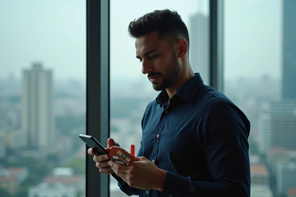 Homme tenant une carte SIM Saily et un smartphone près d'une fenêtre urbaine