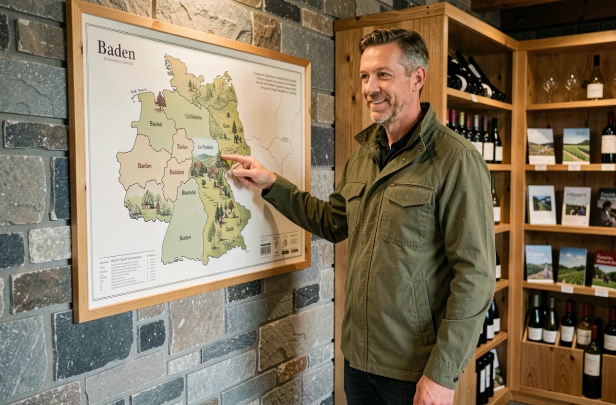 Homme pointant une région sur une carte illustrée des vignobles allemands dans un centre de visite viticole