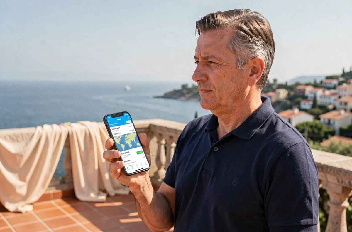 Homme consultant un comparateur de croisières sur smartphone depuis une terrasse face à la mer