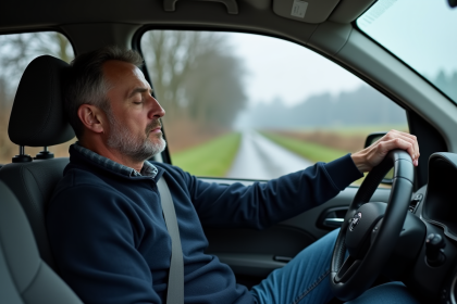 Homme d'âge moyen dormant dans une voiture en campagne belge