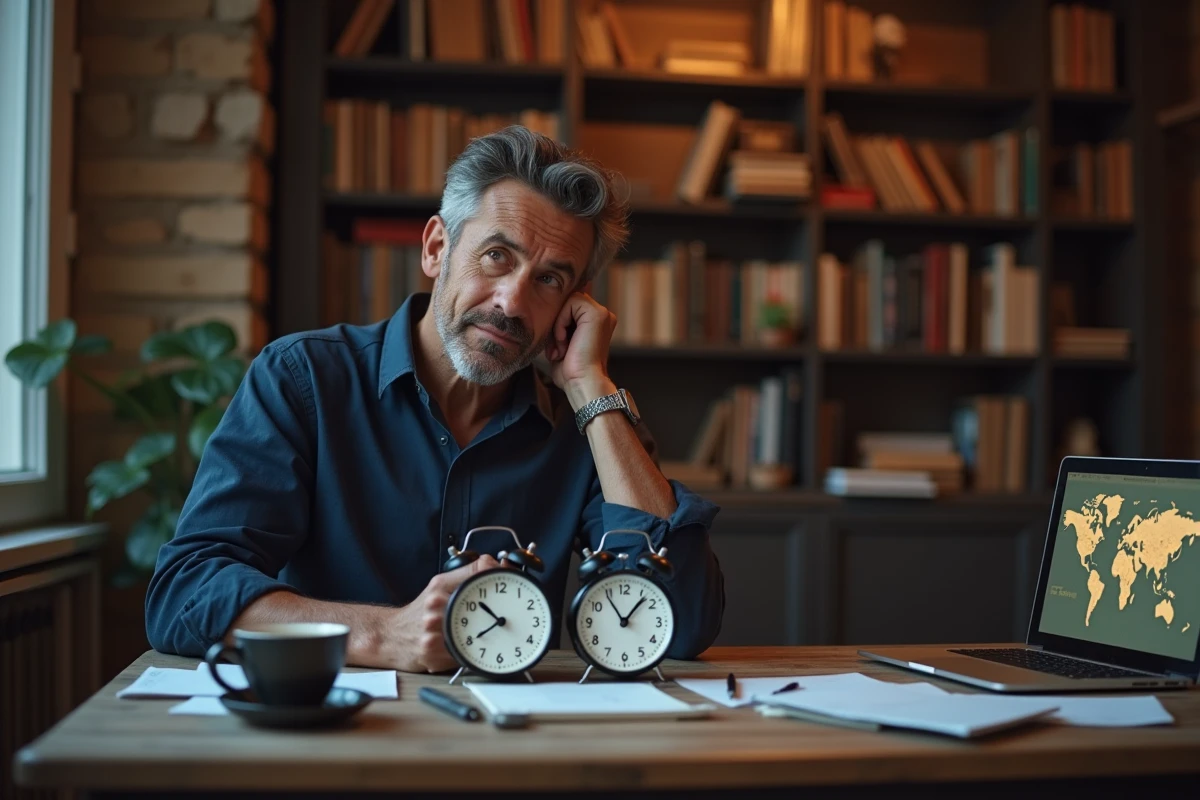 Homme français comparant deux horloges analogiques Paris et Tokyo dans un appartement parisien, symbolisant le décalage horaire Franco-japonais