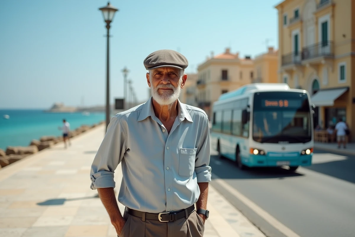 Homme âgé attendant à un arrêt de bus face à la mer à Malte