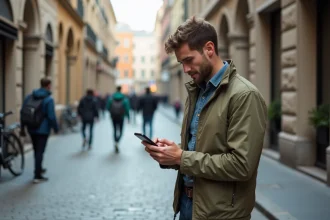 Homme consultant Google Maps itinéraire à pied sur son smartphone dans une rue pavée en ville