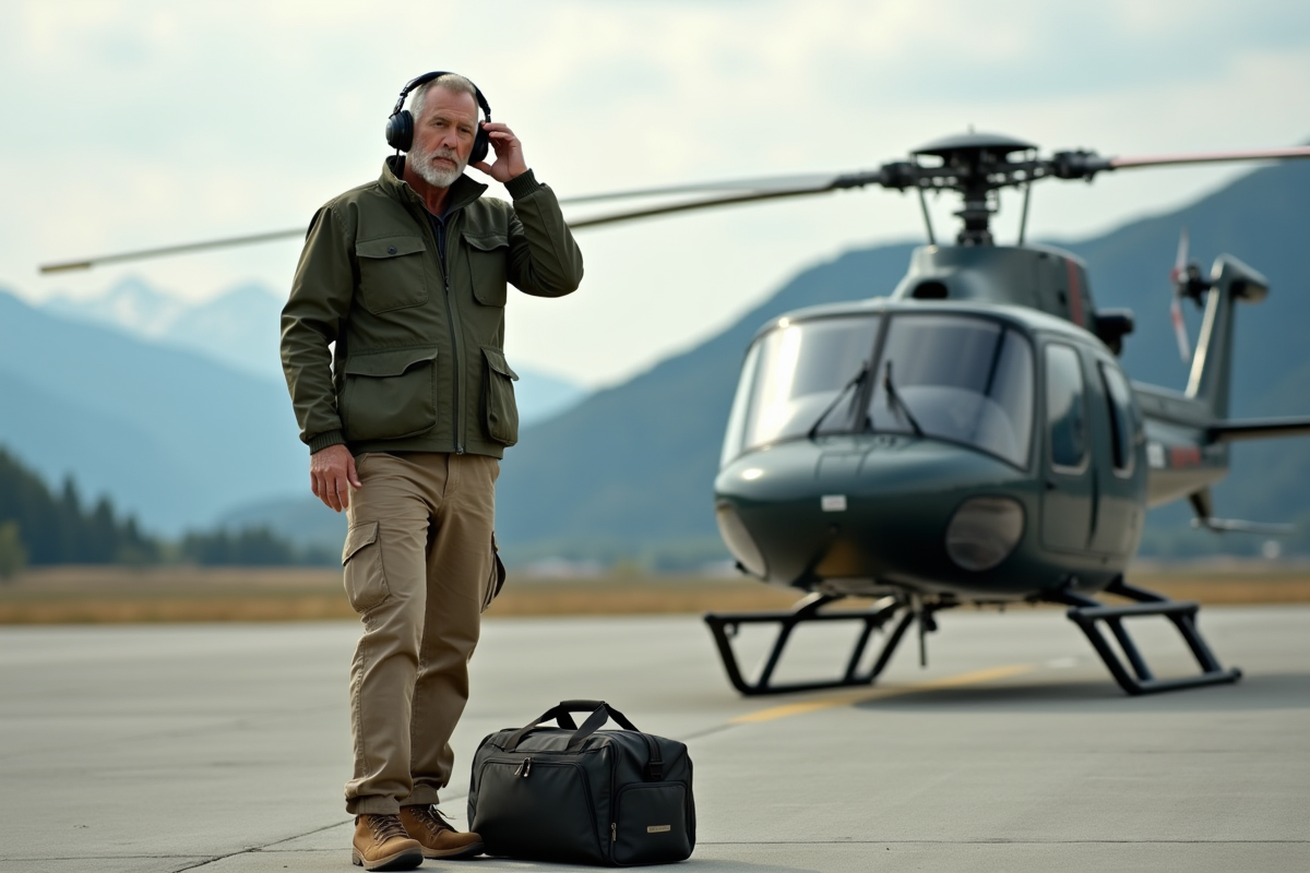Homme en tenue pratique près d’un hélicoptère au sol