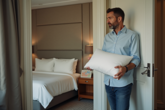 Homme d'âge moyen tenant un oreiller blanc dans une chambre d'hôtel