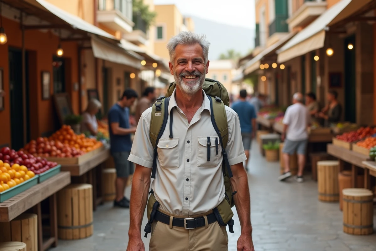Homme souriant dans un marché coloré de Crète