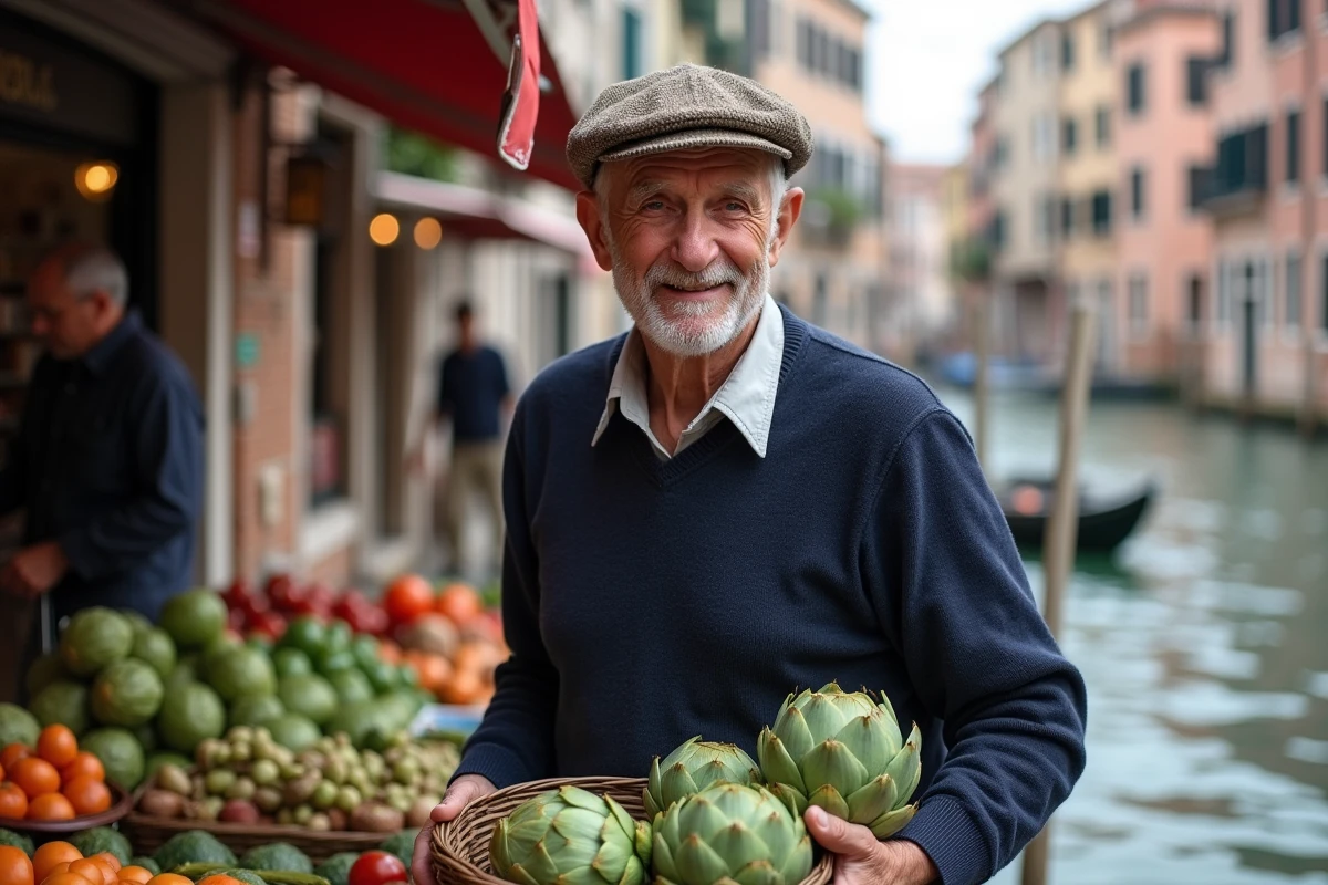 Homme âgé avec panier de artichauts au marché vénitien