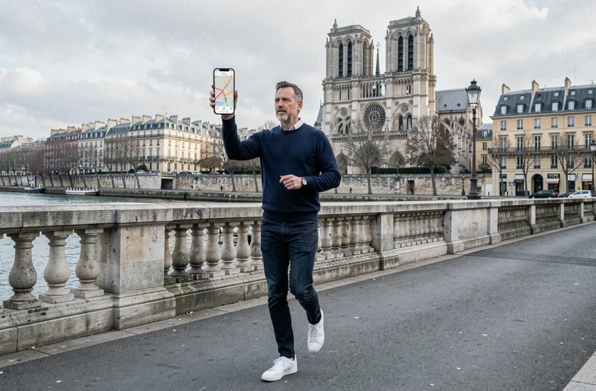 Homme naviguant à pied sur un pont parisien avec une application de métro et d'itinéraire sur smartphone