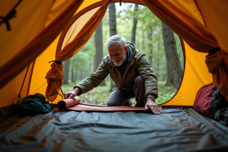 Homme en plein air dans un tente forêt un matelas