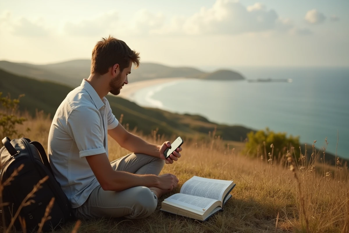 Jeune homme réfléchissant sur colline en voyage