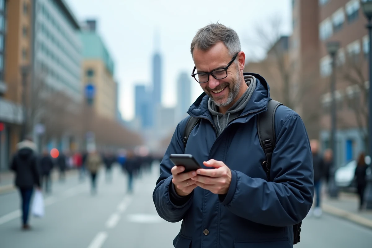 Homme vérifiant les avions en ville avec son smartphone