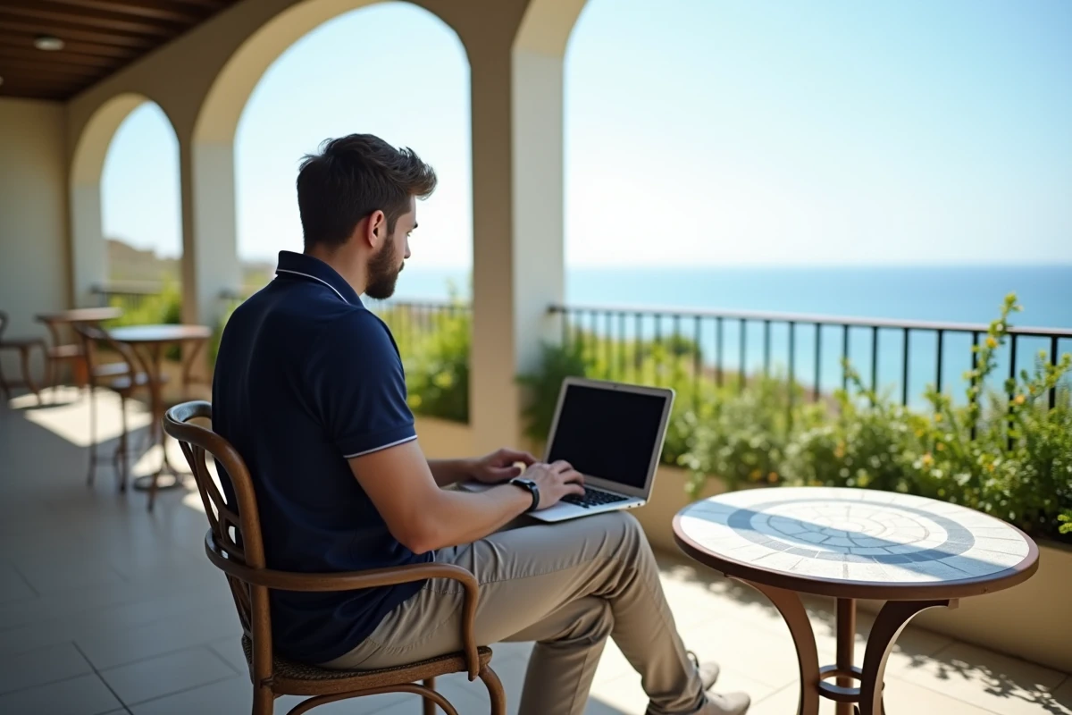 Homme sur terrasse avec vue sur la mer calme