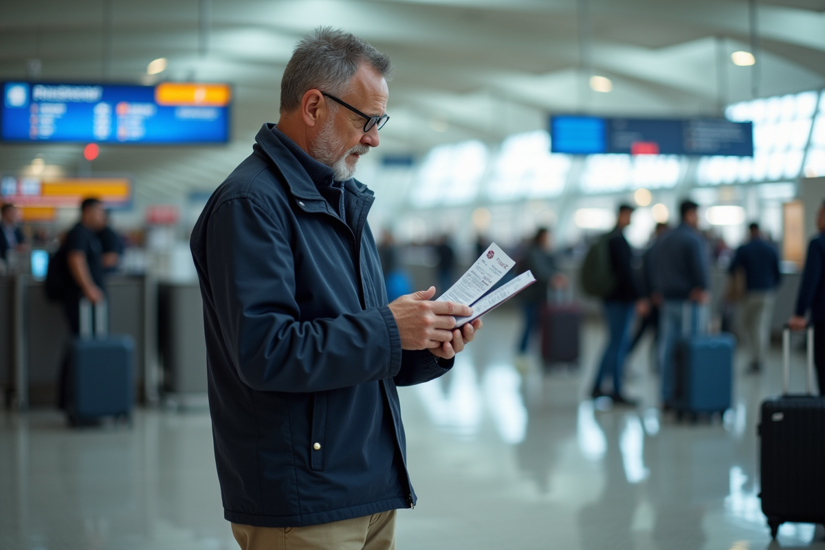 Homme vérifie ses documents de voyage à l