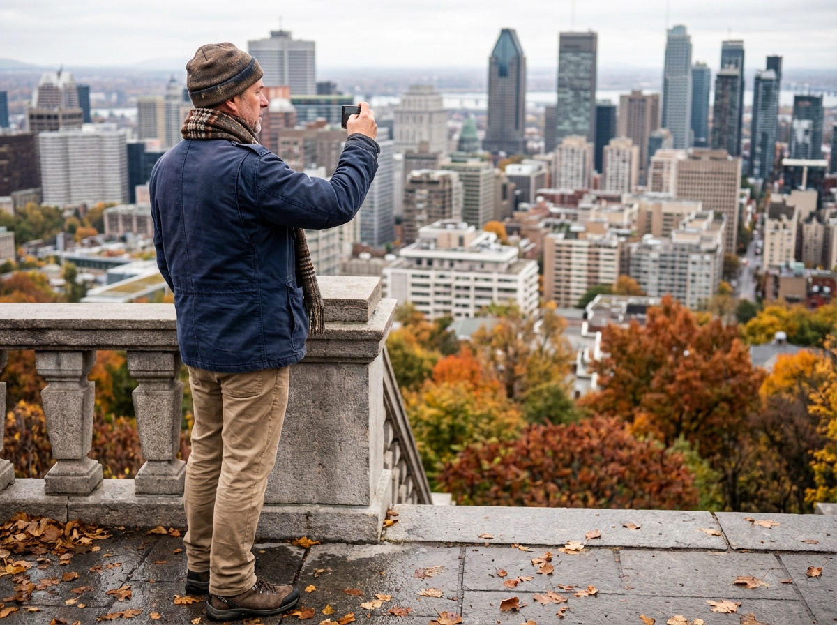 Homme photographiant la skyline de Montreal depuis Mont Royal