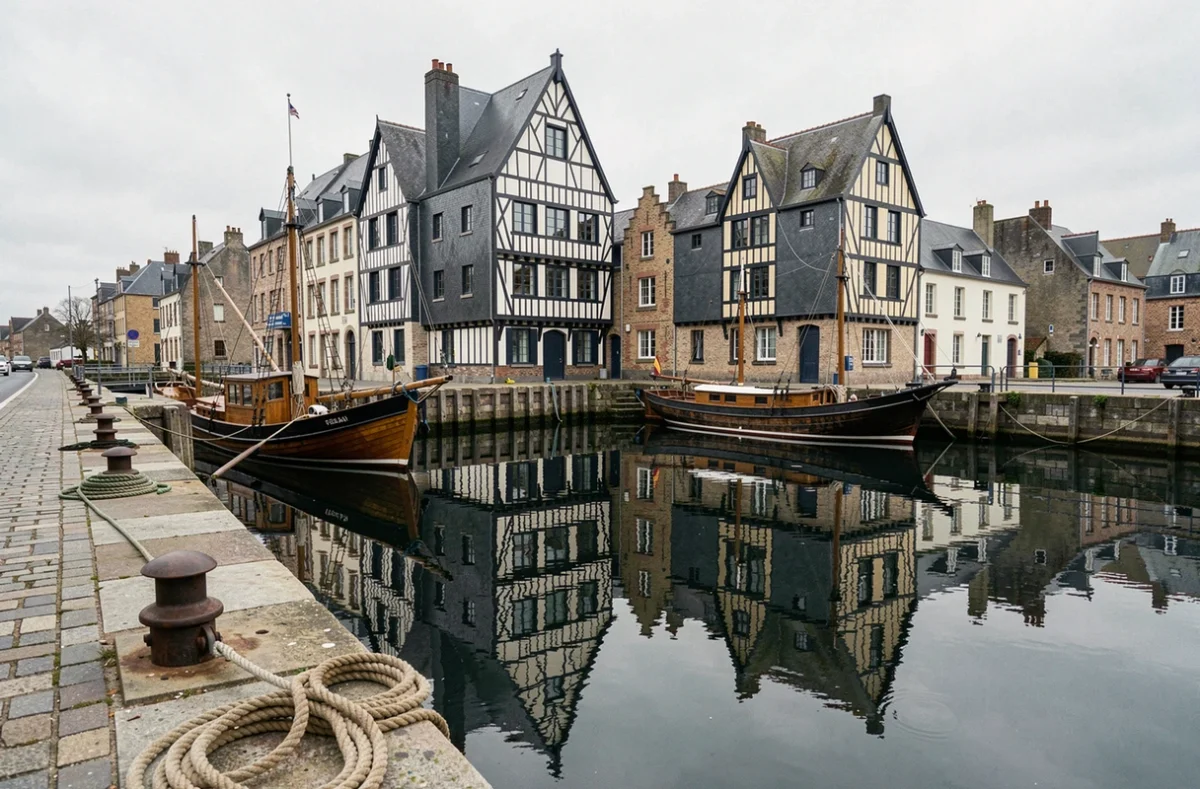 Vieux Bassin de Honfleur avec ses maisons hautes à pans de bois et d'ardoise reflétées dans l'eau calme du port historique du Calvados