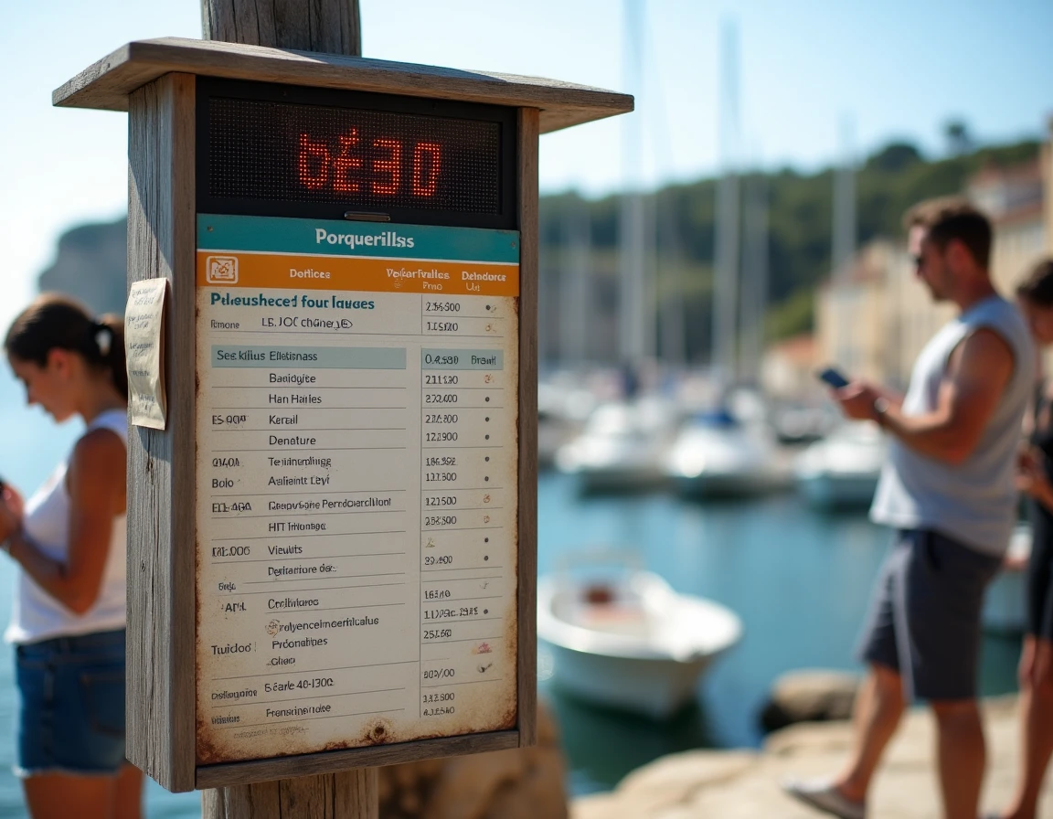 Panneau d'horaires en temps réel du bateau pour Porquerolles à La Tour Fondue