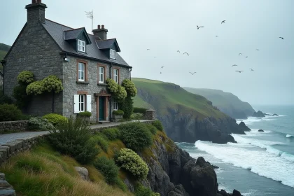 Façade d'un hôtel en pierre bretonne au bord des falaises de la côte Atlantique avec vue sur la mer