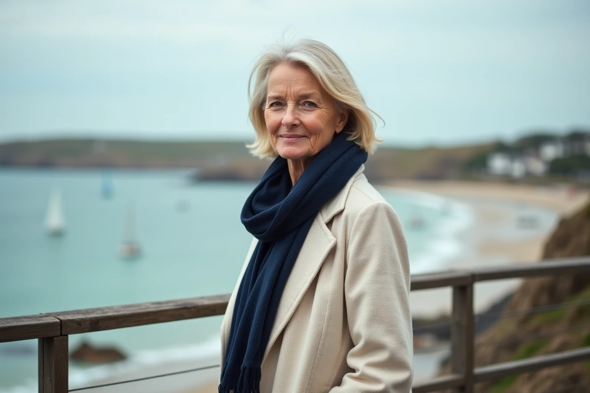 Femme sur la terrasse d'un hôtel breton avec vue panoramique sur la baie et les bateaux de pêche