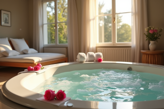 Chambre d hotel en Provence avec jacuzzi moderne et pétales