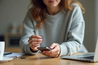 Jeune femme insérant une carte SIM Saily dans un smartphone à son bureau