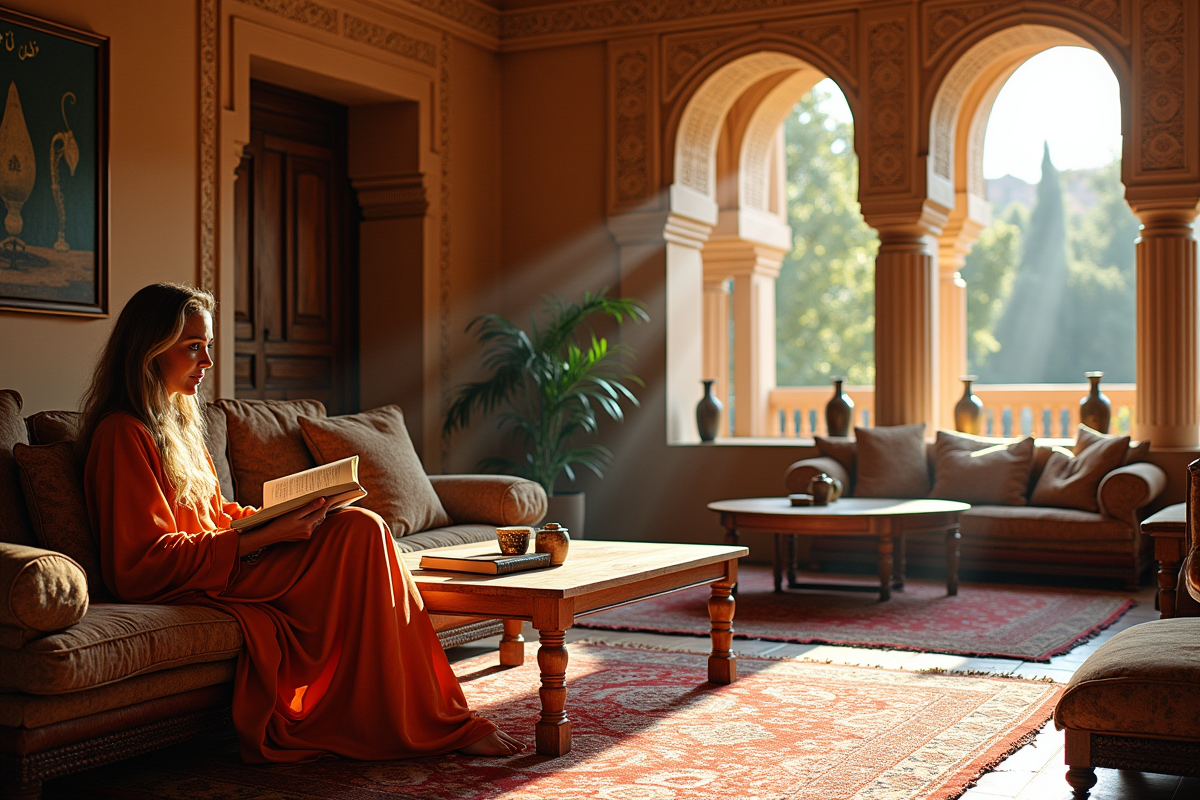 Intérieur marocain avec Adriana lisant un livre