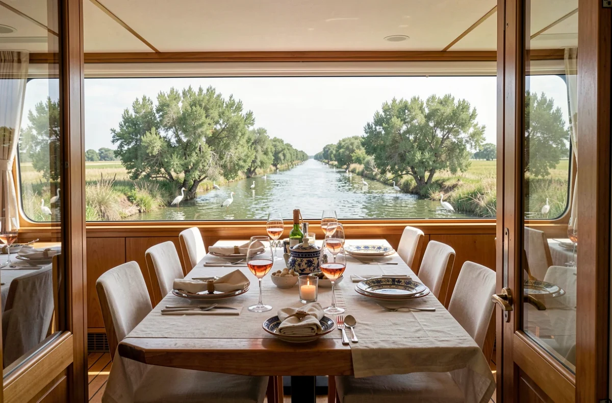 Salle à manger intérieure d'une barge de croisière en Camargue avec vue panoramique sur les canaux et la nature