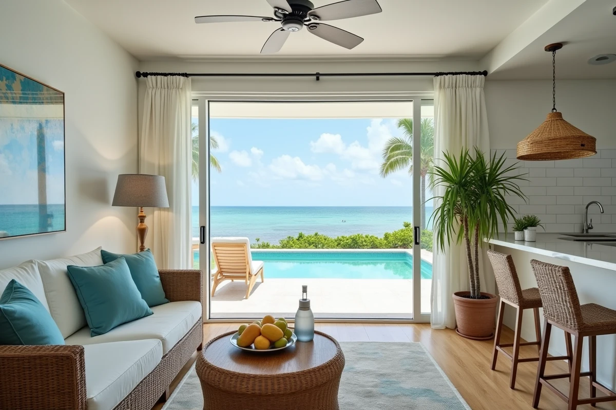 Intérieur lumineux et spacieux d'une villa avec vue sur la piscine privée et le canal au Coral Lagoon Resort de Marathon en Floride