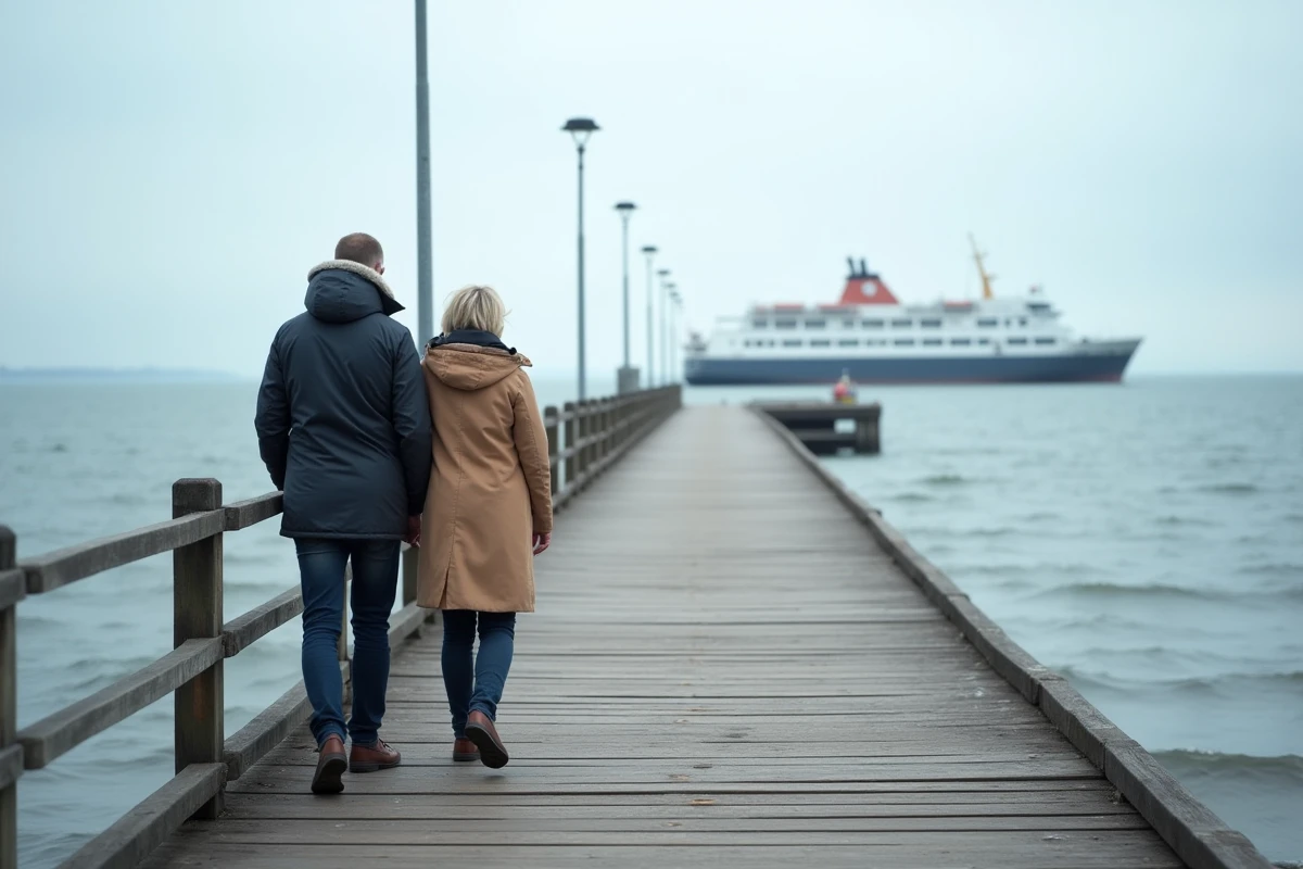 Couple sur une jetée en bois à Travemünde regardant un ferry au large de la mer Baltique