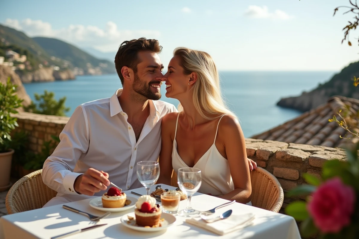 Jeune couple riant en partageant desserts à Eze en balcon
