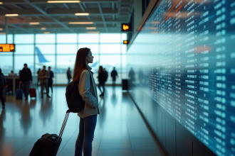 Jeune femme regardant le tableau des départs à l'aéroport