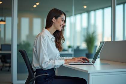 Jeune femme professionnelle travaillant sur un ordinateur dans un bureau moderne