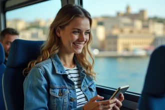 Jeune femme souriante dans un bus maltais avec vue sur San Pawl ilBahar