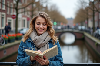 Jeune femme souriante près d'un canal à Amsterdam