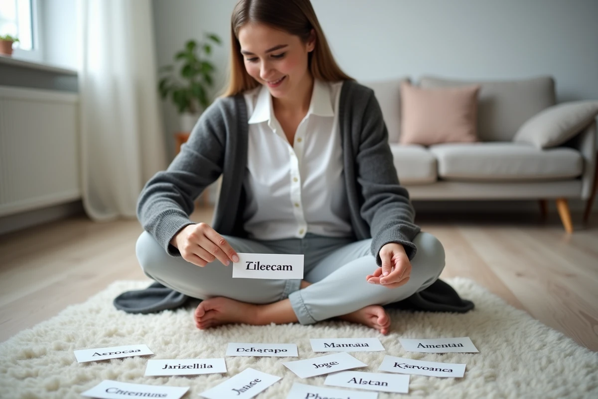 Jeune femme étudiant des fiches de noms de villes et pays rares commençant par X dans un appartement minimaliste