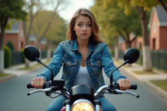 Jeune femme en denim sur moto en ville