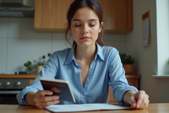 Jeune femme examine son passeport dans la cuisine